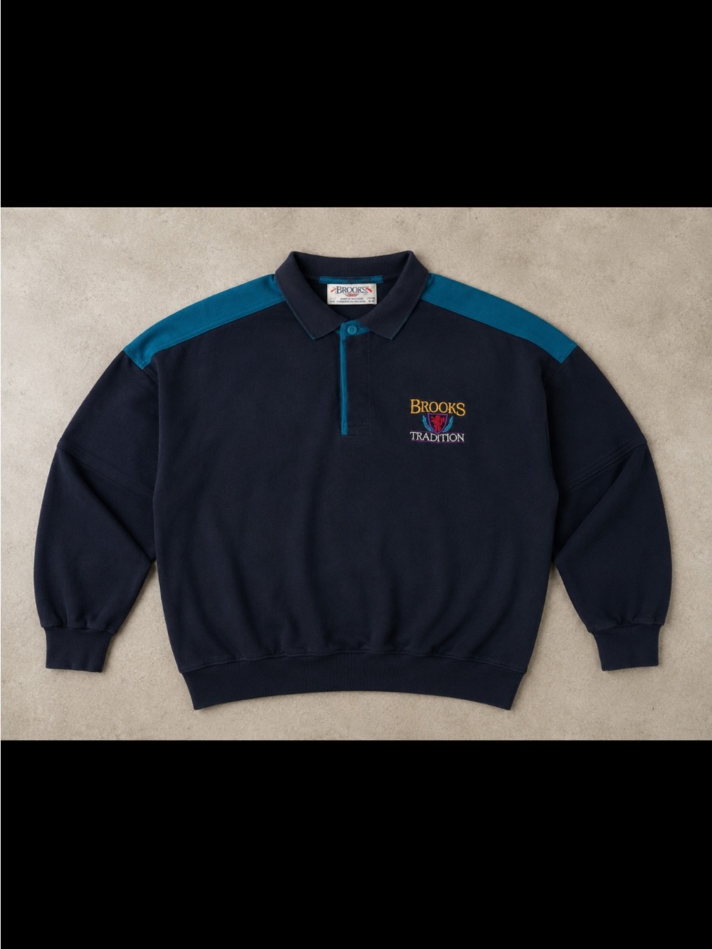 Vintage Brooks Tradition Rugby Collar Sweatshirt Navy Teal Embroidered Logo Med